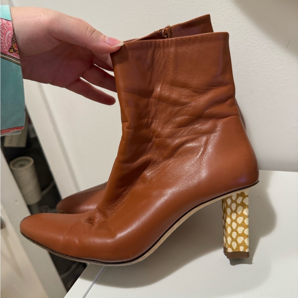 STAUD Tan Ankle Boots with Patterned Heel